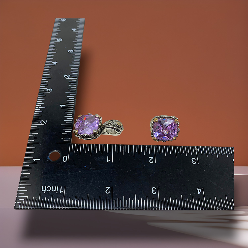 Vintage Purple Crystal Pendant Earrings Set Cushion Cut Gold Tone 80s Glam - Picture 4 of 4